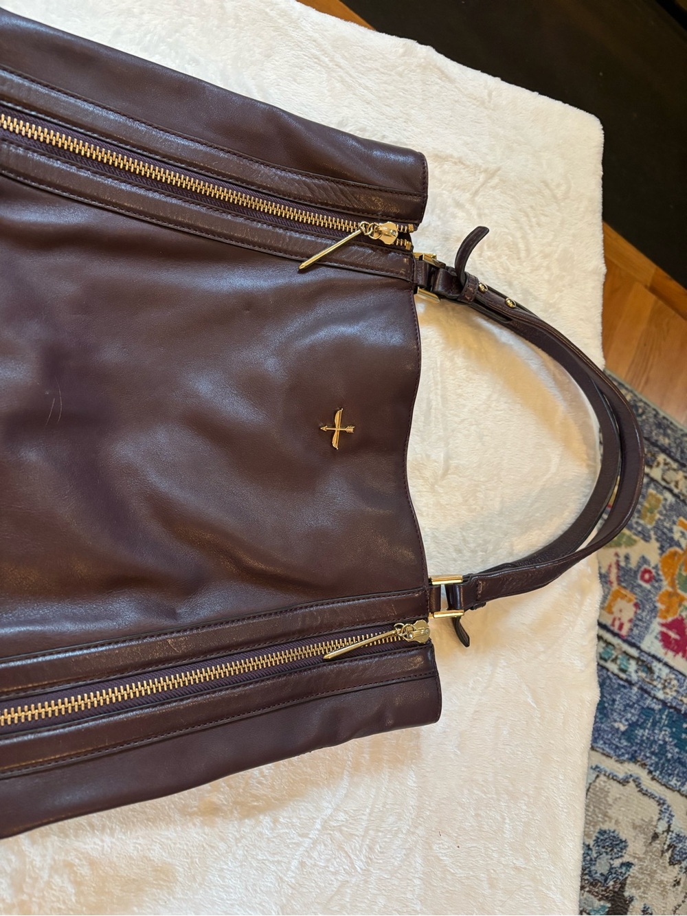 Pour La Victoire Dark Brown Leather Tote with Gold Accents